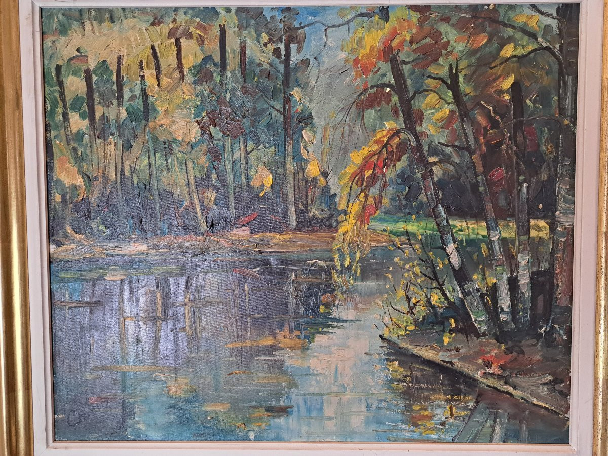 Calvin , Paysage à la rivière , Huile sur toile , XX°. -photo-3