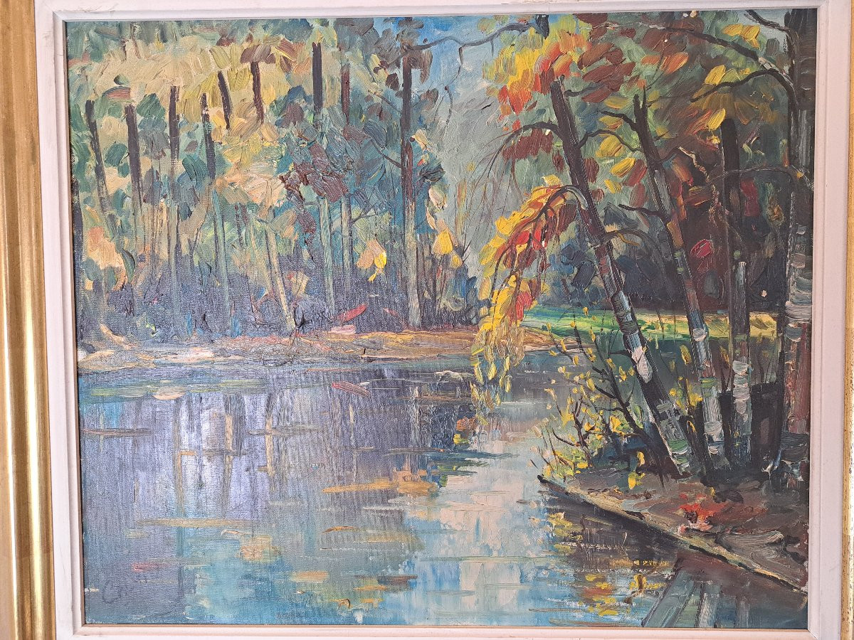 Calvin , Paysage à la rivière , Huile sur toile , XX°. -photo-4