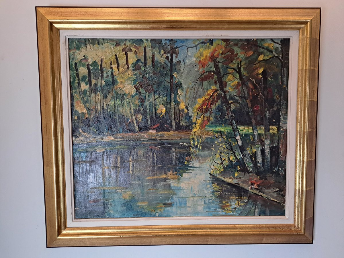 Calvin , Paysage à la rivière , Huile sur toile , XX°. -photo-2