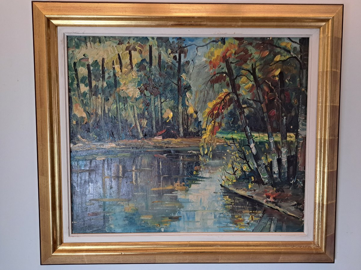 Calvin , Paysage à la rivière , Huile sur toile , XX°. -photo-5