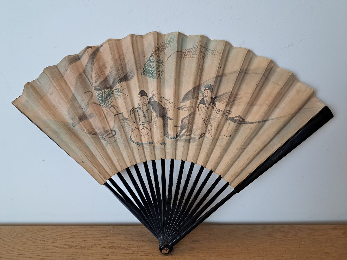 Chine , Eventail peint , XIX°. -photo-4