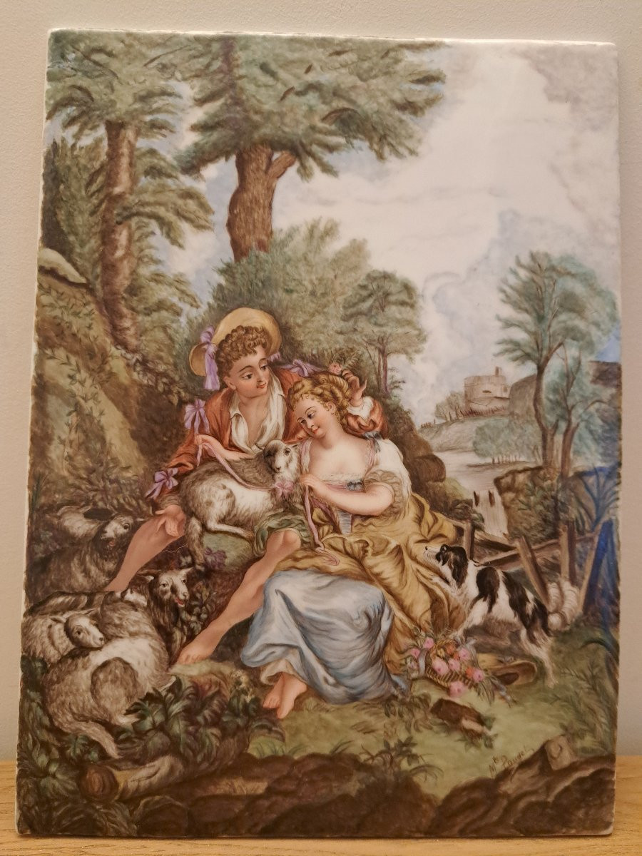 Scène galante , d'après François Boucher , Plaque de porcelaine , XX°. -photo-4