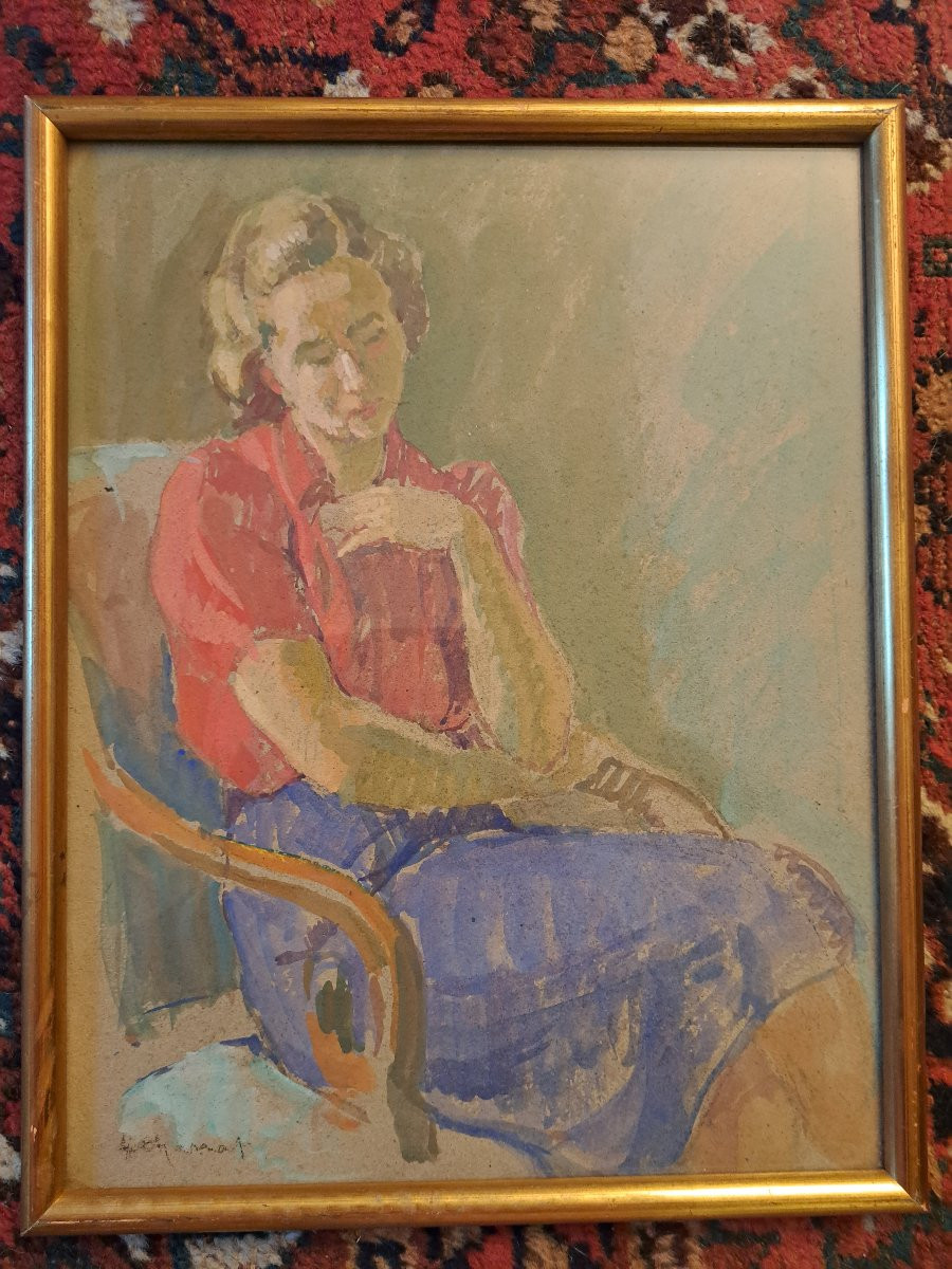 Seated Woman, Gouache, Signed, 20th Century. -photo-2