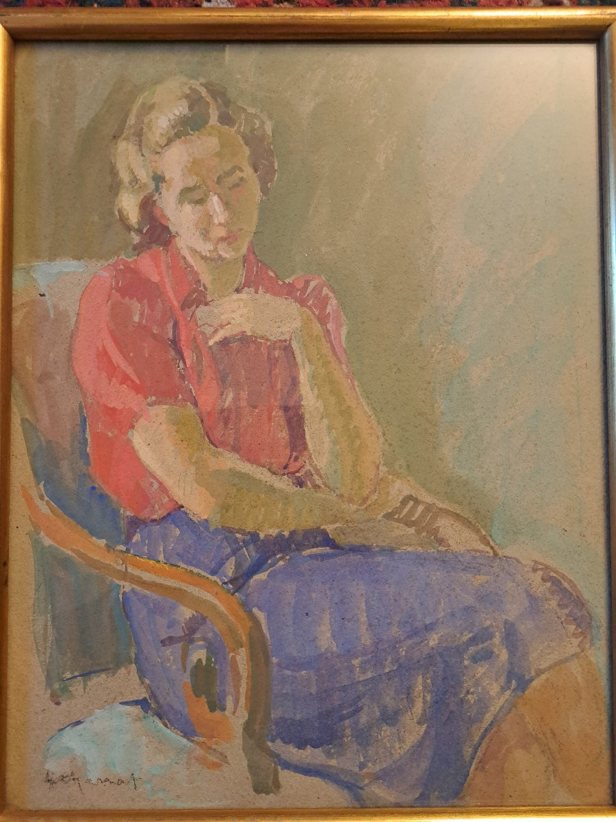 Seated Woman, Gouache, Signed, 20th Century. -photo-3