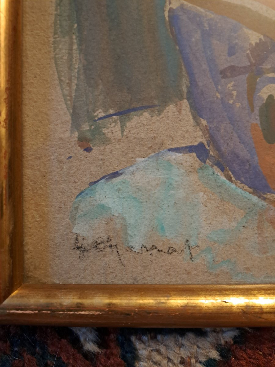 Seated Woman, Gouache, Signed, 20th Century. -photo-4