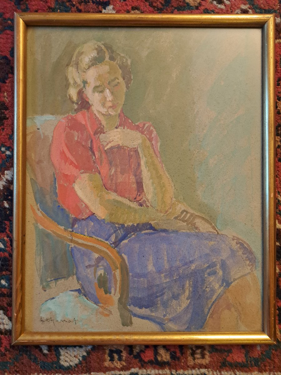 Seated Woman, Gouache, Signed, 20th Century. -photo-1