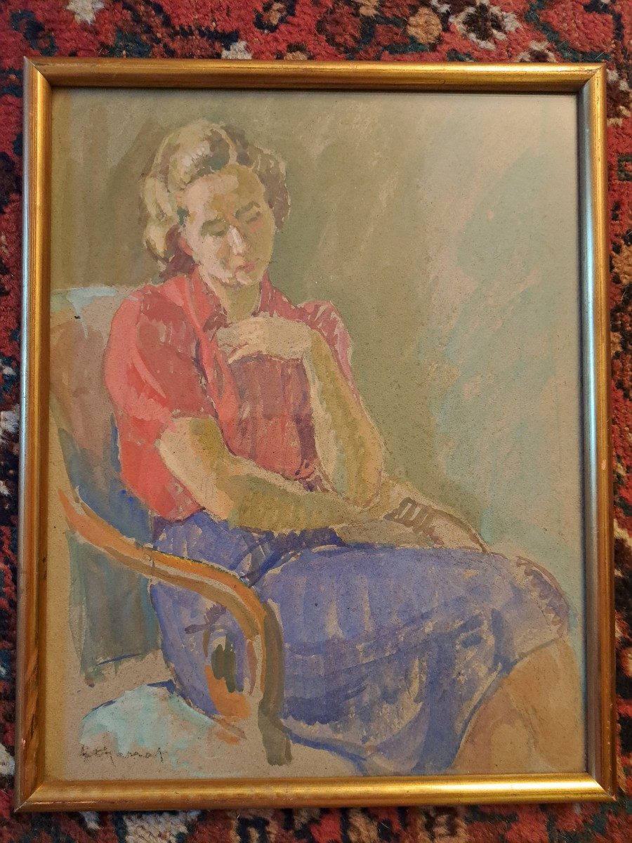 Seated Woman, Gouache, Signed, 20th Century. 