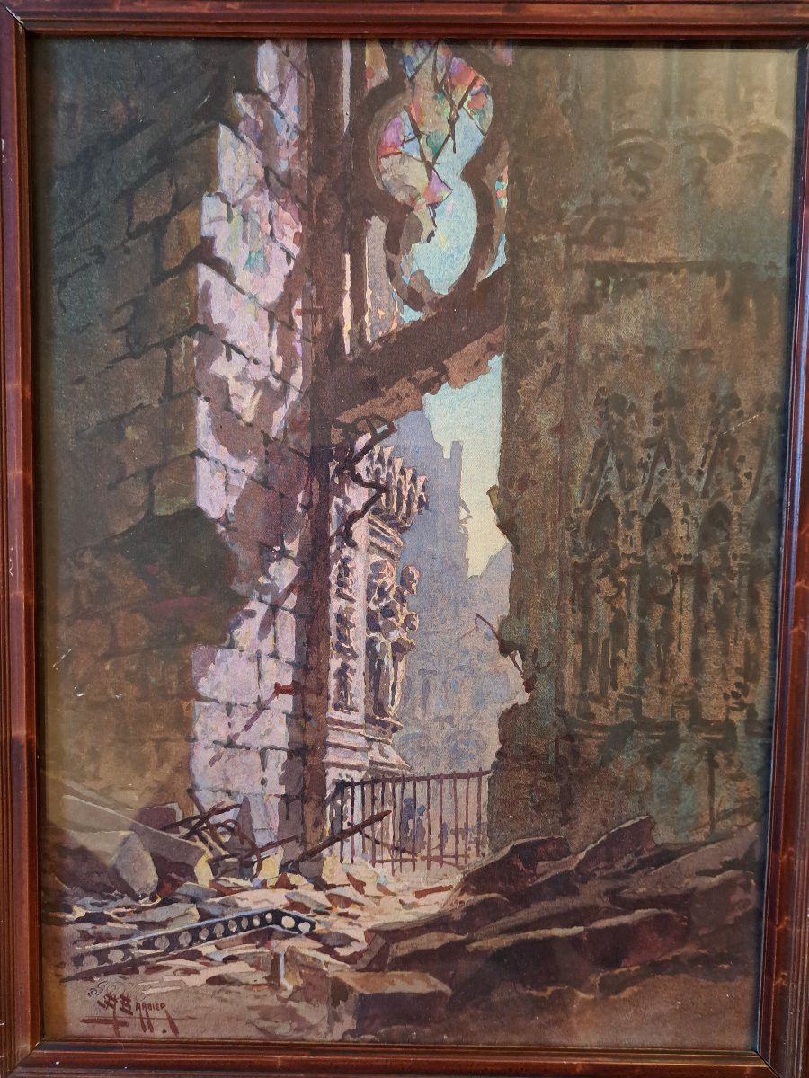 Antoine Barbier, Portal Of Reims Cathedral, Watercolor, 20th Century. -photo-2