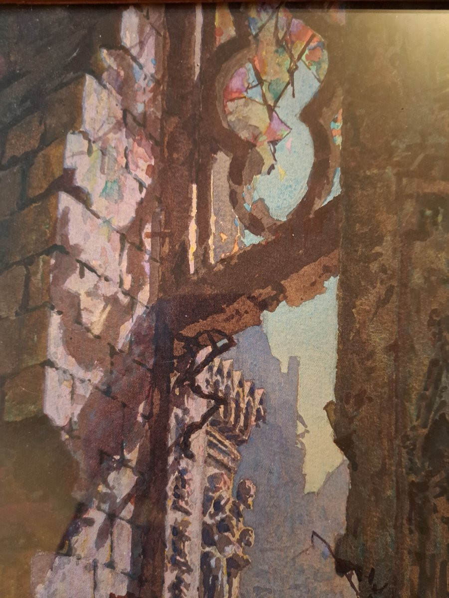 Antoine Barbier, Portal Of Reims Cathedral, Watercolor, 20th Century. -photo-2