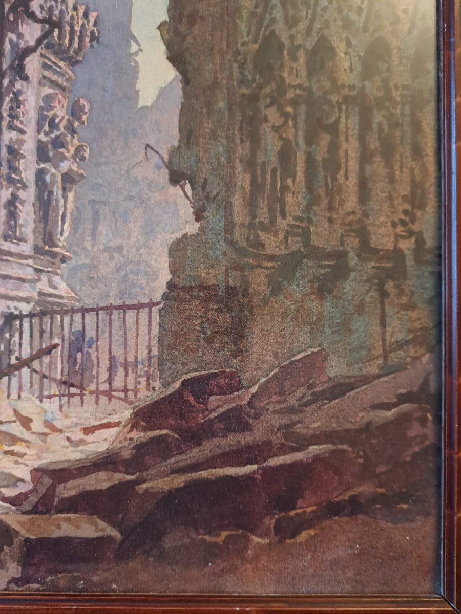 Antoine Barbier, Portal Of Reims Cathedral, Watercolor, 20th Century. -photo-3