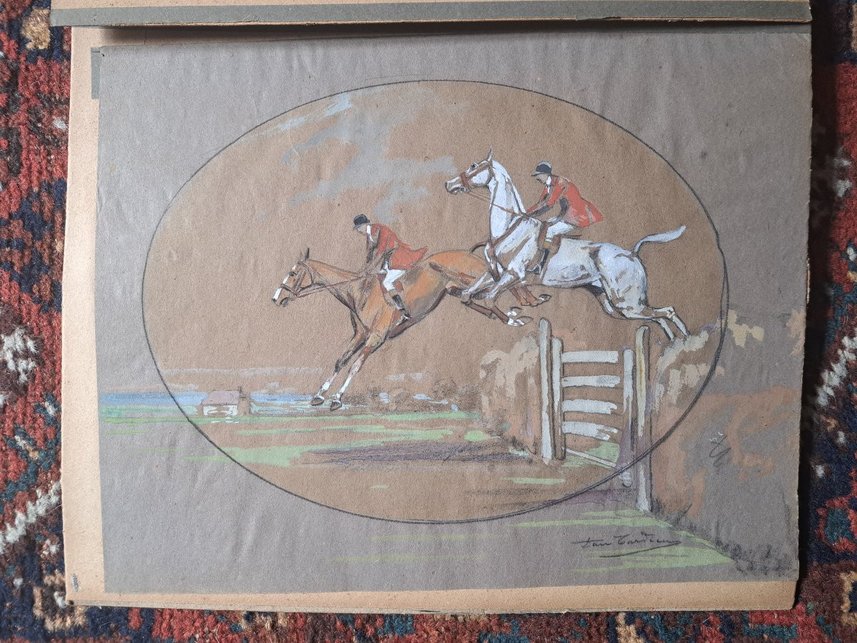 Daniel Tardieu, Obstacle Jump, Gouache, Late 19th Century. -photo-3