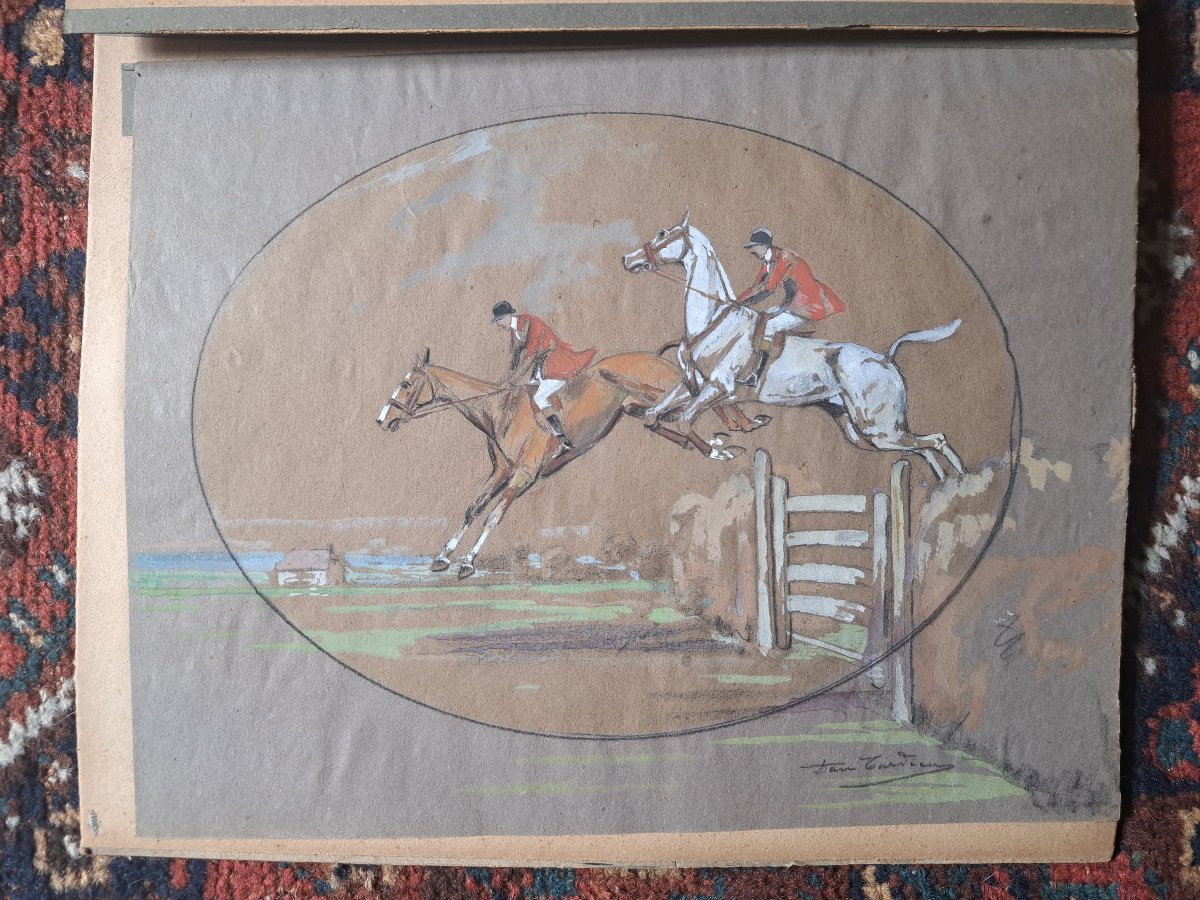 Daniel Tardieu, Obstacle Jump, Gouache, Late 19th Century. -photo-4