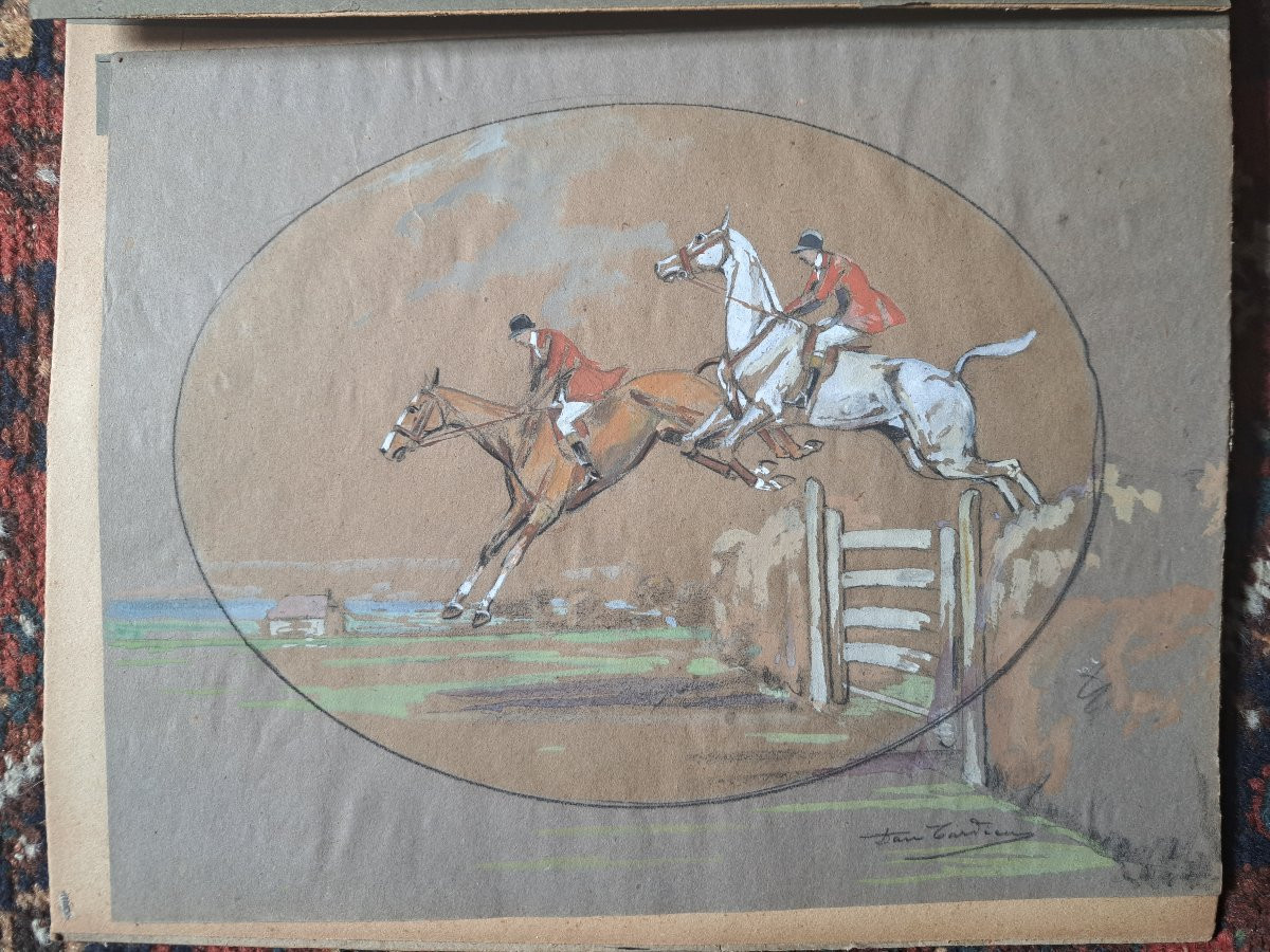 Daniel Tardieu, Obstacle Jump, Gouache, Late 19th Century. -photo-1