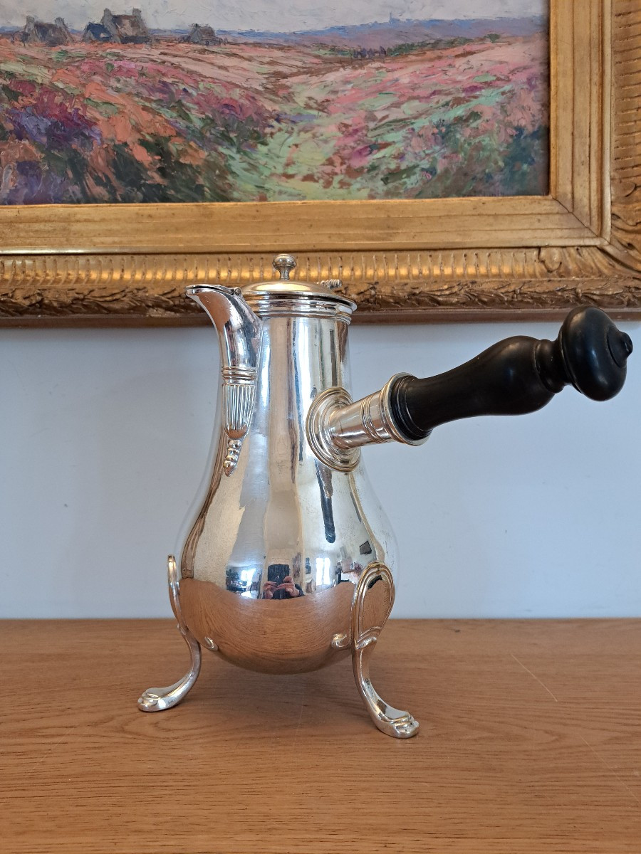 Large Chocolate Pot, Silver-plated Metal, 18th Century. 