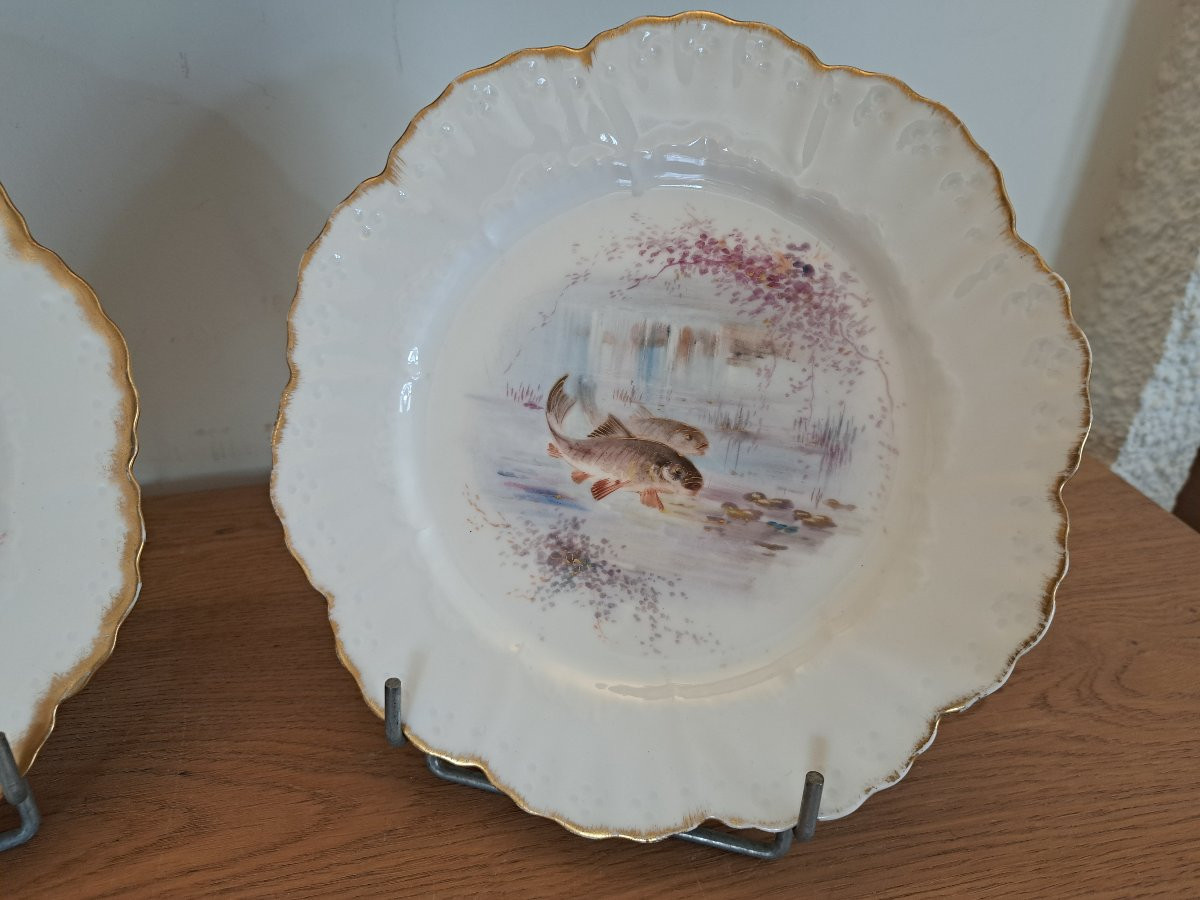 William Guérin , Paire d'assiettes , Poissons , Limoges , Début XX°. -photo-3