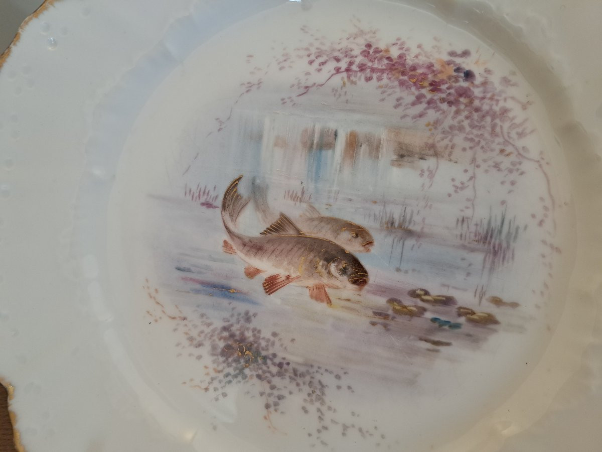 William Guérin , Paire d'assiettes , Poissons , Limoges , Début XX°. -photo-4