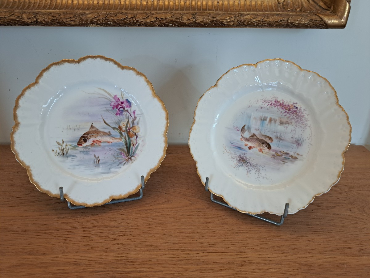 William Guérin , Paire d'assiettes , Poissons , Limoges , Début XX°. 