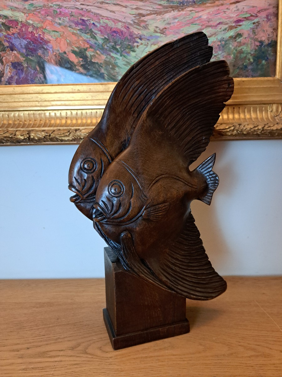 J.vargas, Two Angelfish, Natural Wood, Active In The 20th Century.-photo-2