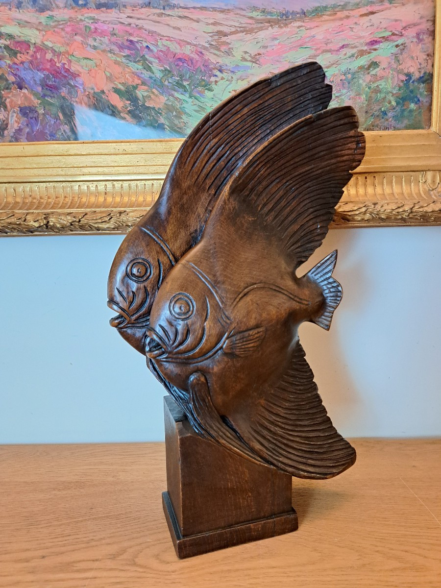 J.vargas, Two Angelfish, Natural Wood, Active In The 20th Century.-photo-3