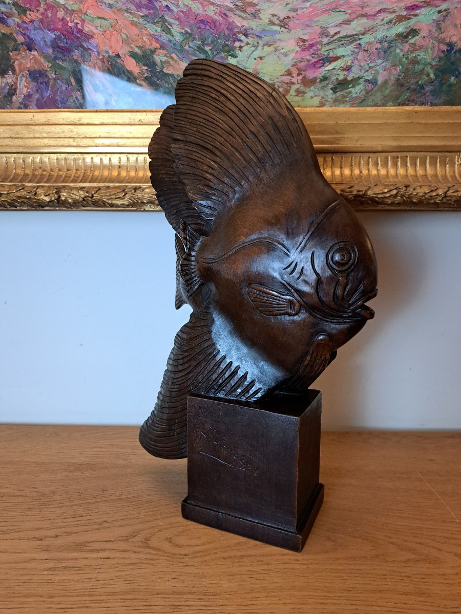 J.vargas, Two Angelfish, Natural Wood, Active In The 20th Century.-photo-1