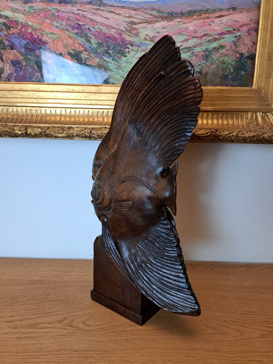 J.vargas, Two Angelfish, Natural Wood, Active In The 20th Century.-photo-2