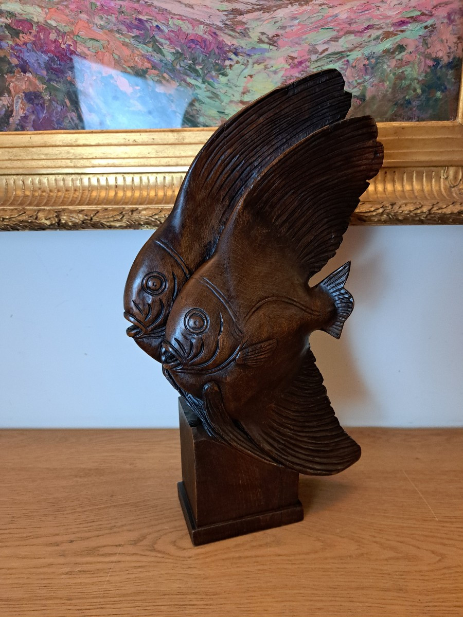 J.vargas, Two Angelfish, Natural Wood, Active In The 20th Century.