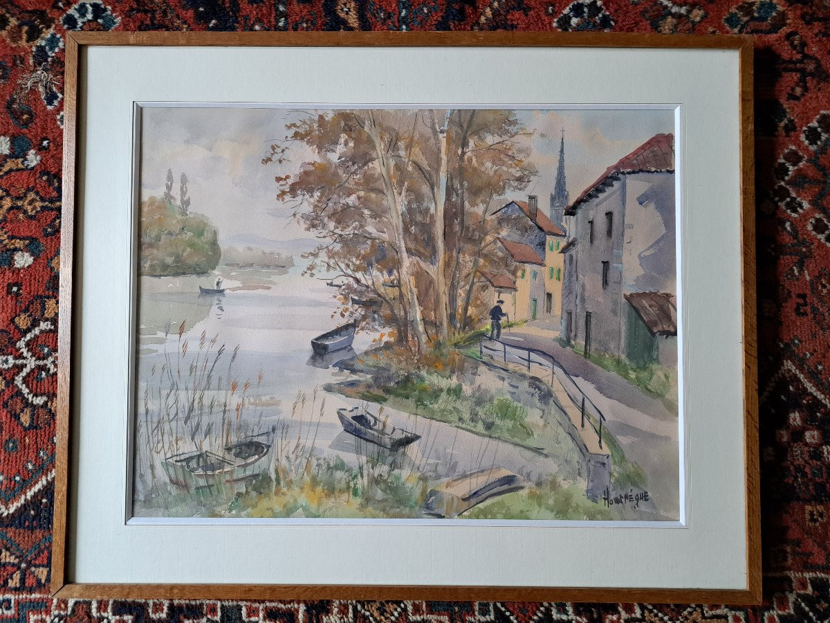 Jean Hourrège, Village By The River, Watercolor, 20th Century. -photo-2