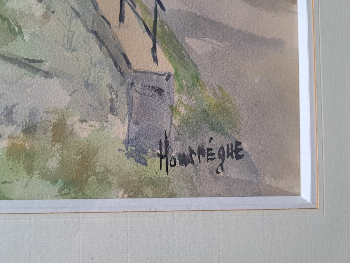 Jean Hourrège, Village By The River, Watercolor, 20th Century. -photo-4