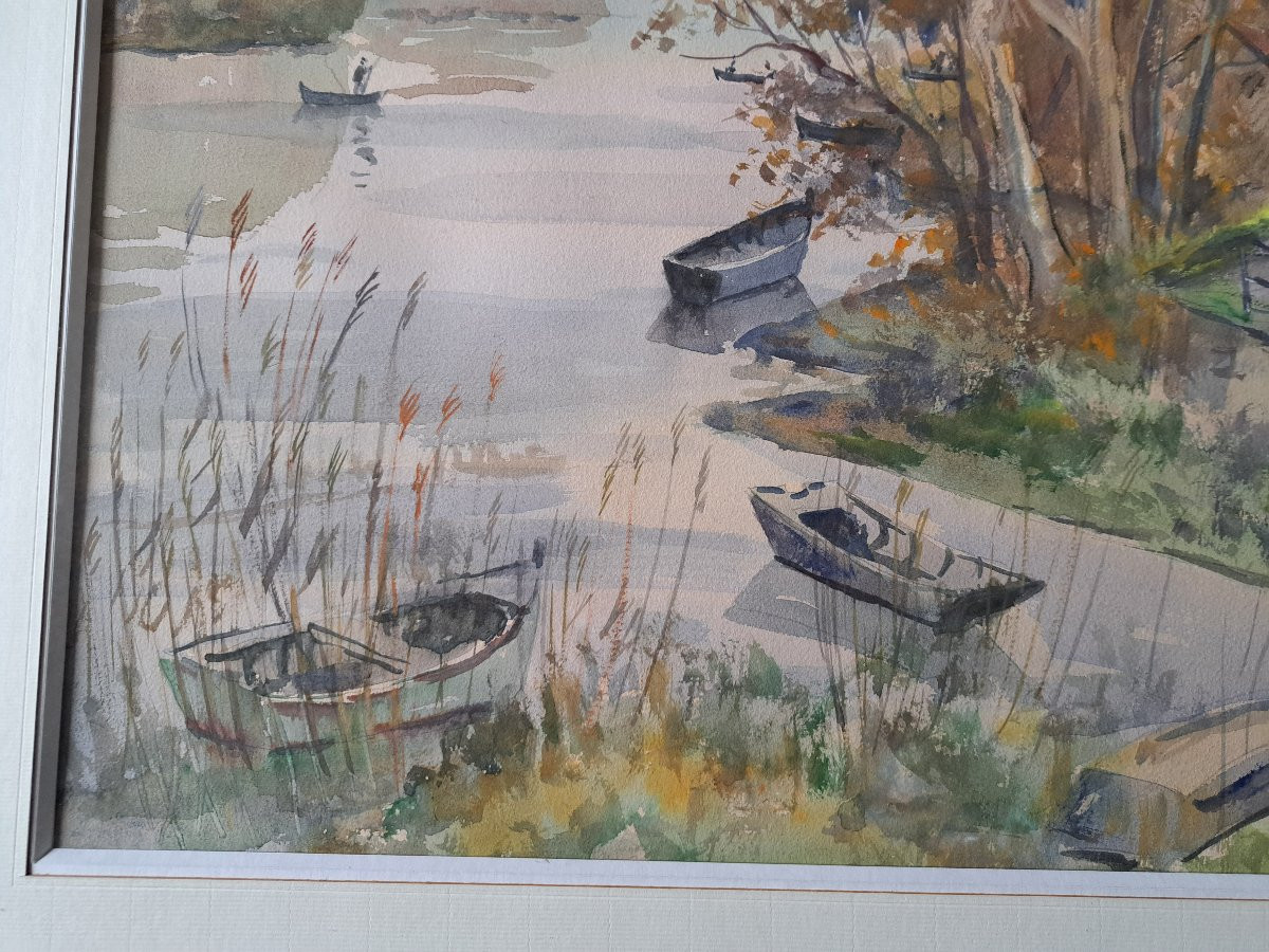 Jean Hourrège, Village By The River, Watercolor, 20th Century. -photo-2