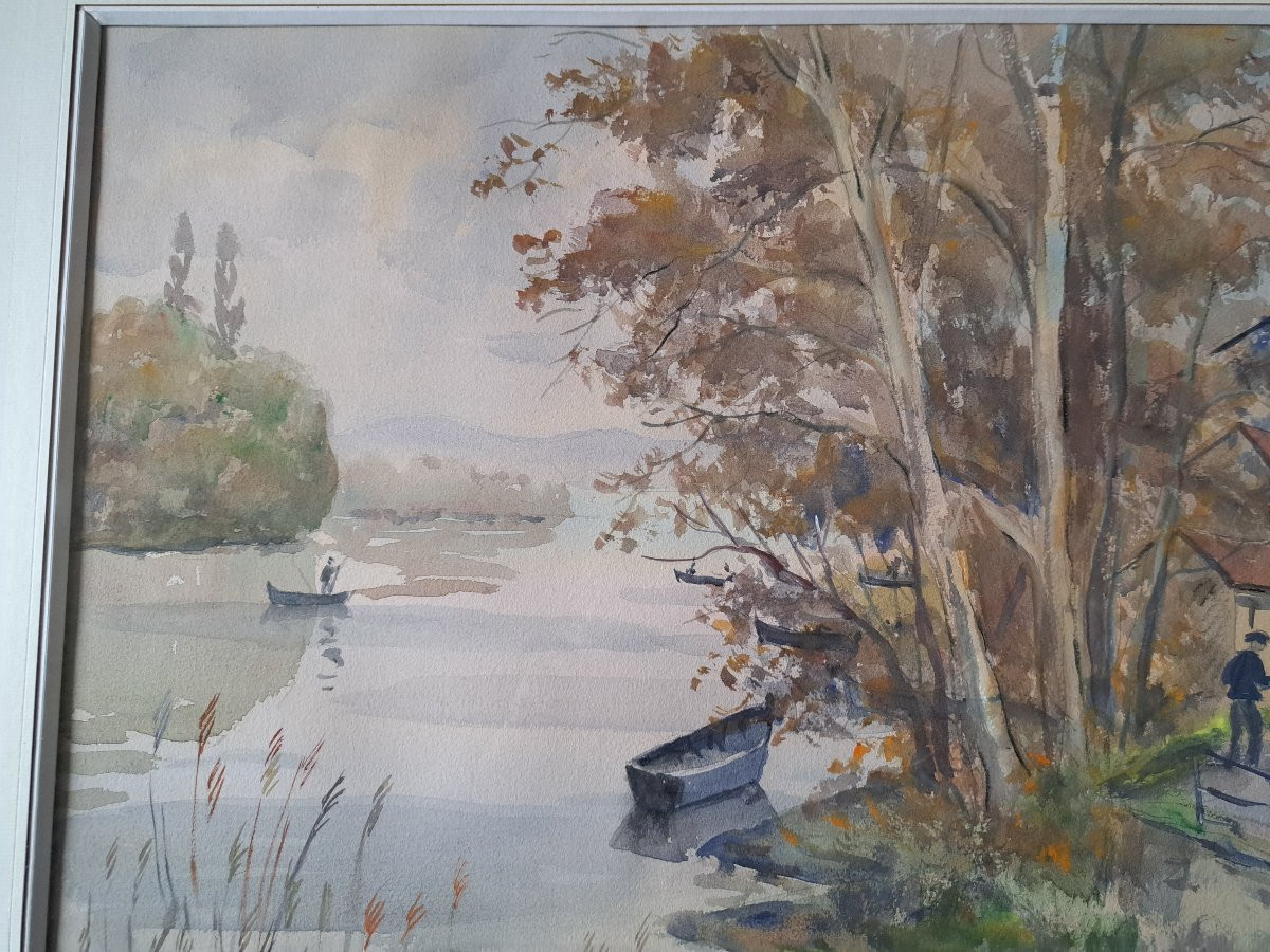 Jean Hourrège, Village By The River, Watercolor, 20th Century. -photo-3