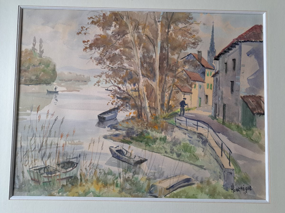 Jean Hourrège, Village By The River, Watercolor, 20th Century. -photo-4
