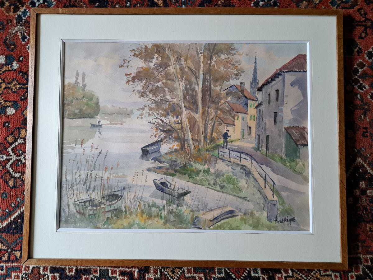 Jean Hourrège, Village By The River, Watercolor, 20th Century. -photo-5