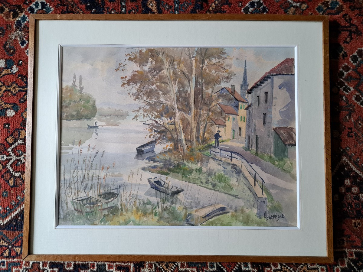 Jean Hourrège, Village By The River, Watercolor, 20th Century. 
