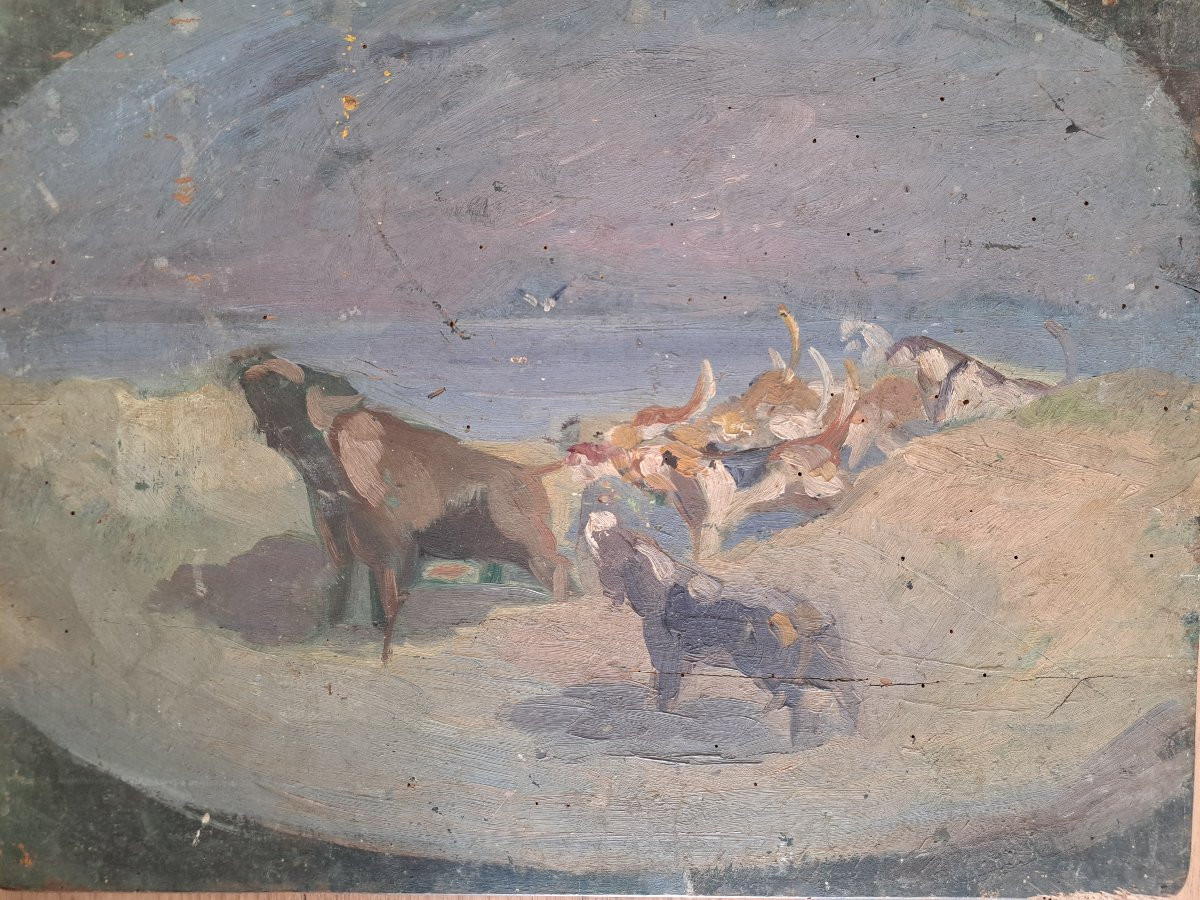 Gabriel Sue , Chasse à courre , Etude , Huile sur panneau , Début XX°. -photo-3