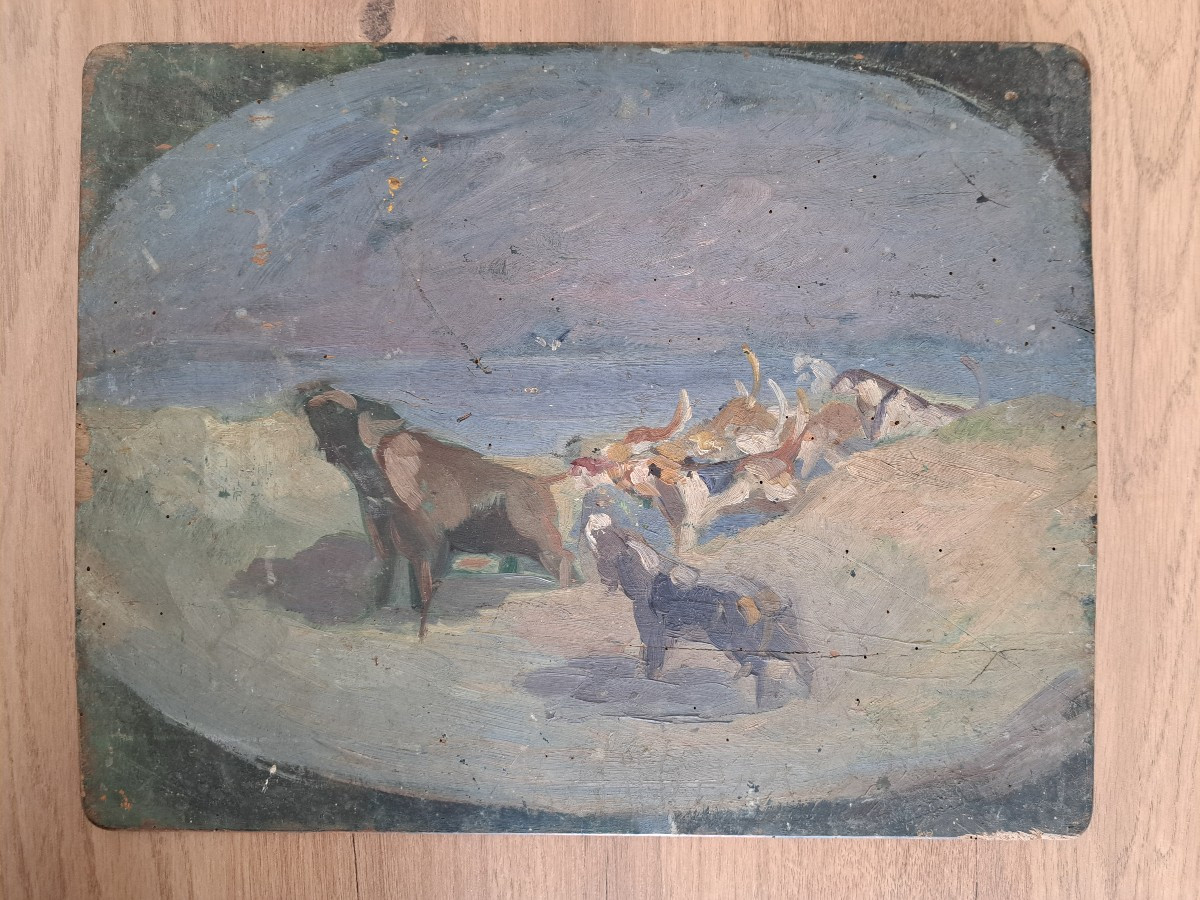 Gabriel Sue , Chasse à courre , Etude , Huile sur panneau , Début XX°. 