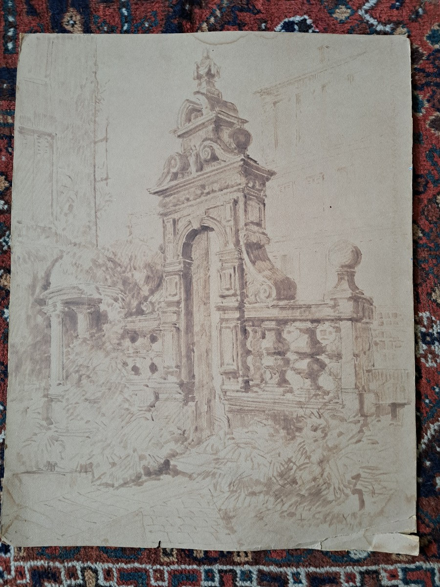 Dessin d'Architecture , Signature à identifier , XX°. 