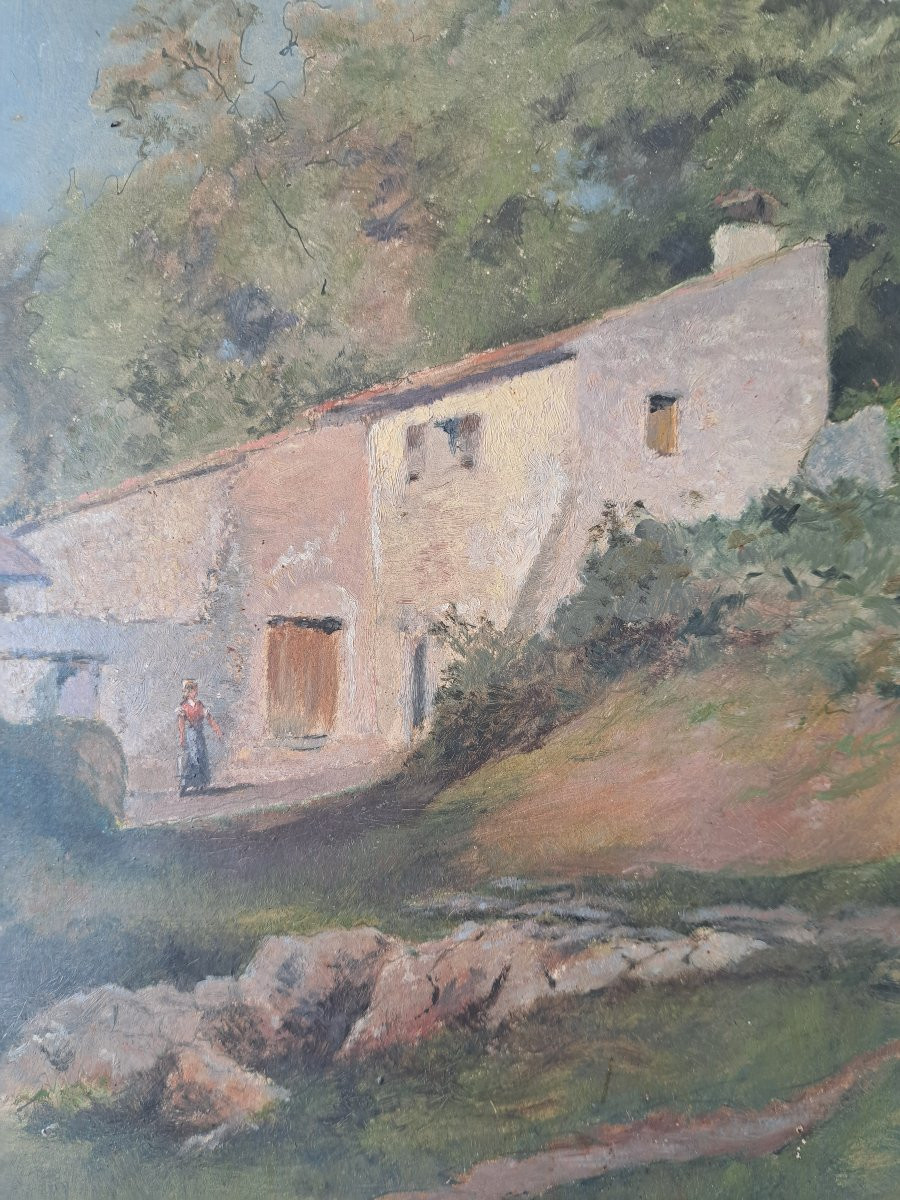 Paysage à la ferme , Aquarelle sur papier , Début XX°. -photo-4