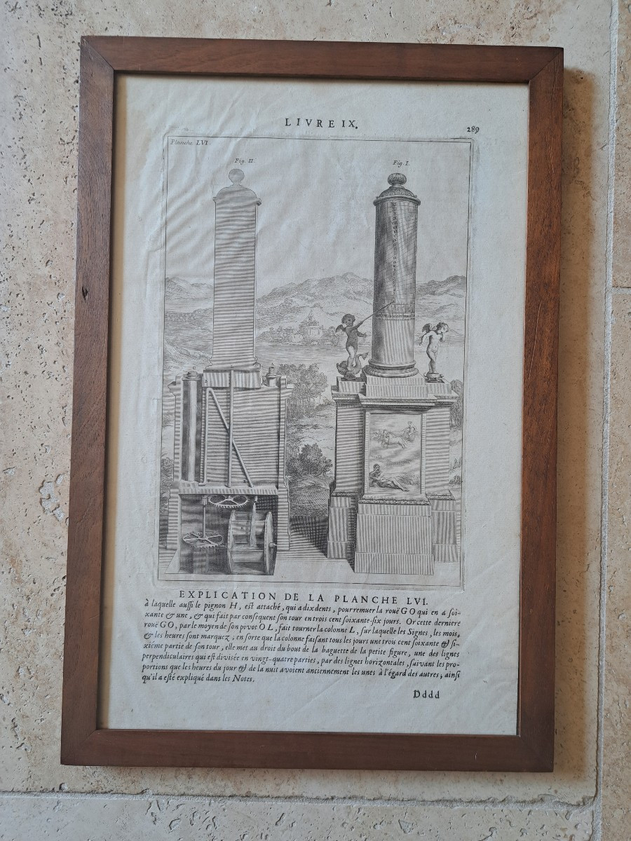 Vitruvius, The Clock Of Ctesibius, Engraving Plate, 17th Century.