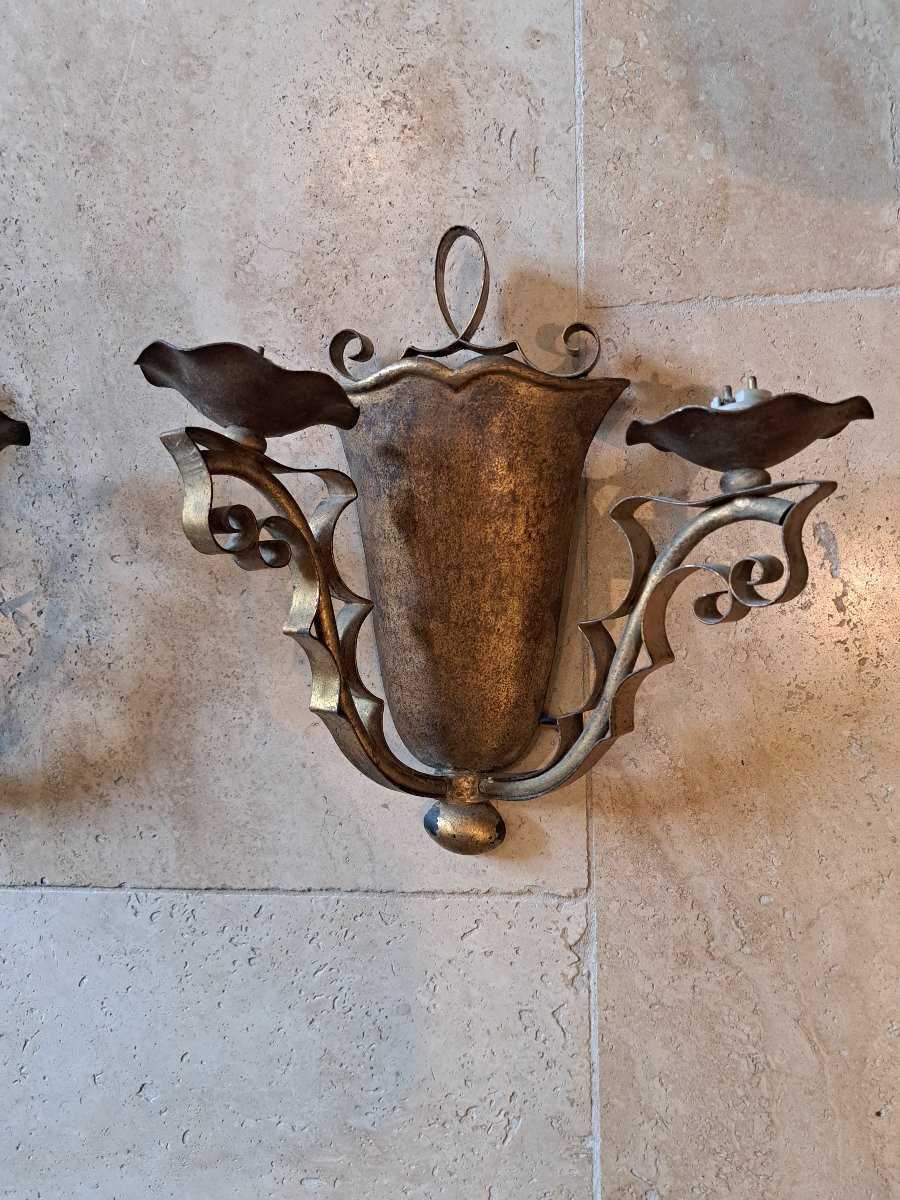 Pair Of Wall Sconces In Gilded Sheet Metal, 1940s. -photo-3