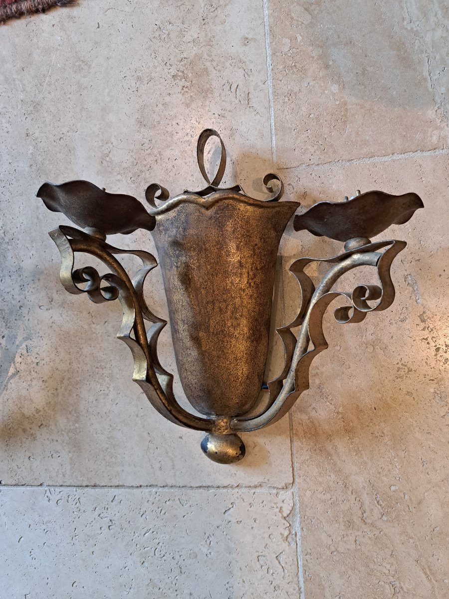 Pair Of Wall Sconces In Gilded Sheet Metal, 1940s. -photo-4