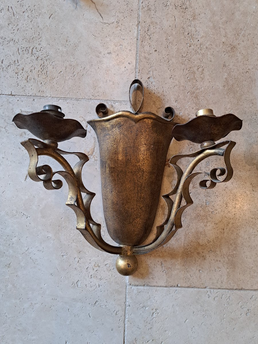 Pair Of Wall Sconces In Gilded Sheet Metal, 1940s. -photo-2