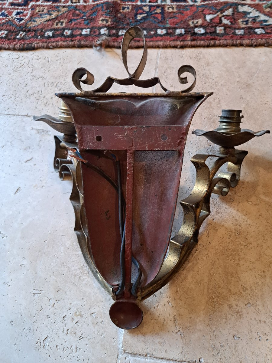 Pair Of Wall Sconces In Gilded Sheet Metal, 1940s. -photo-6