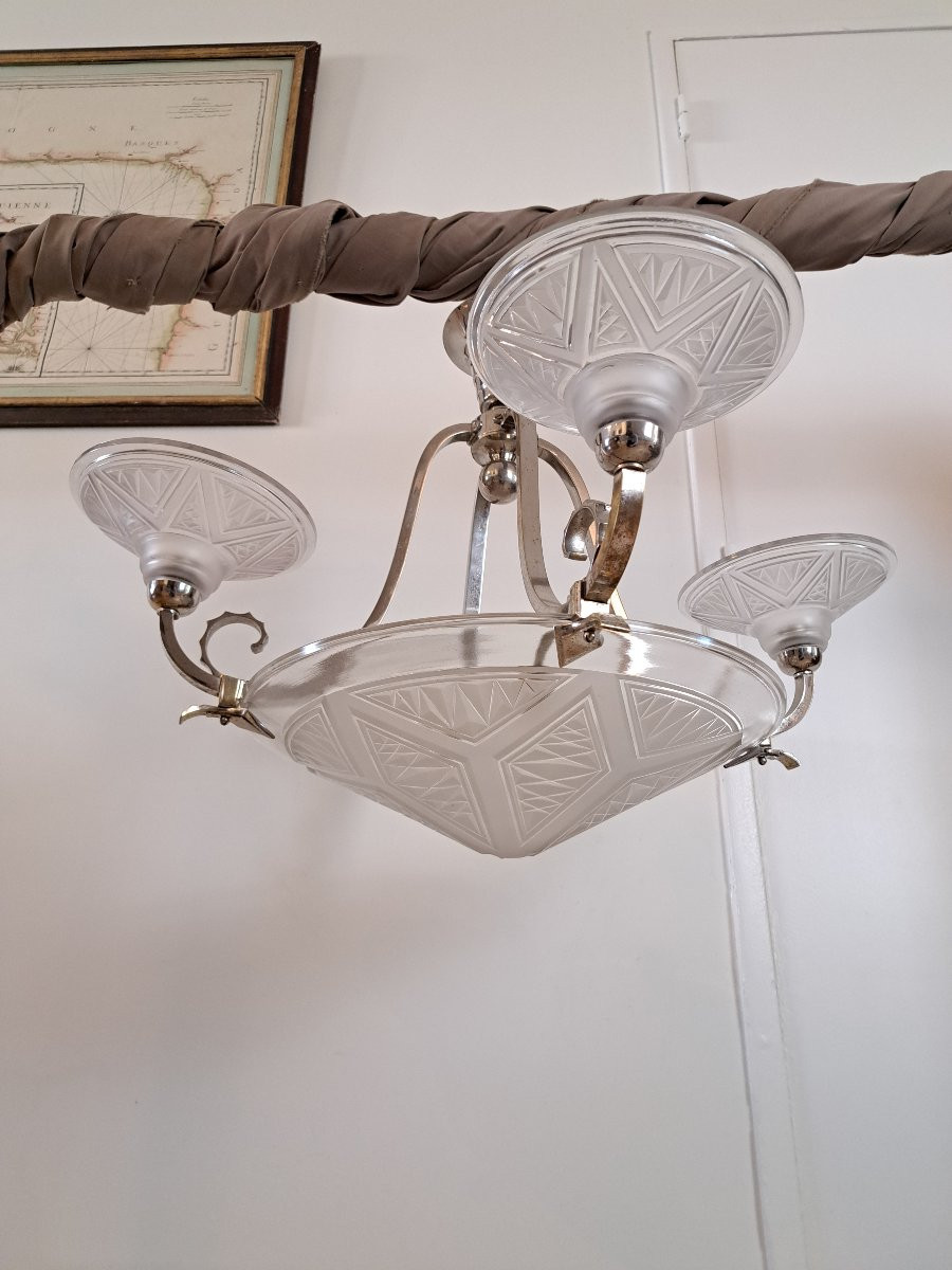 P.maynadier Chandelier, Art Deco, Glass And Silvered Metal, 20th Century. -photo-2