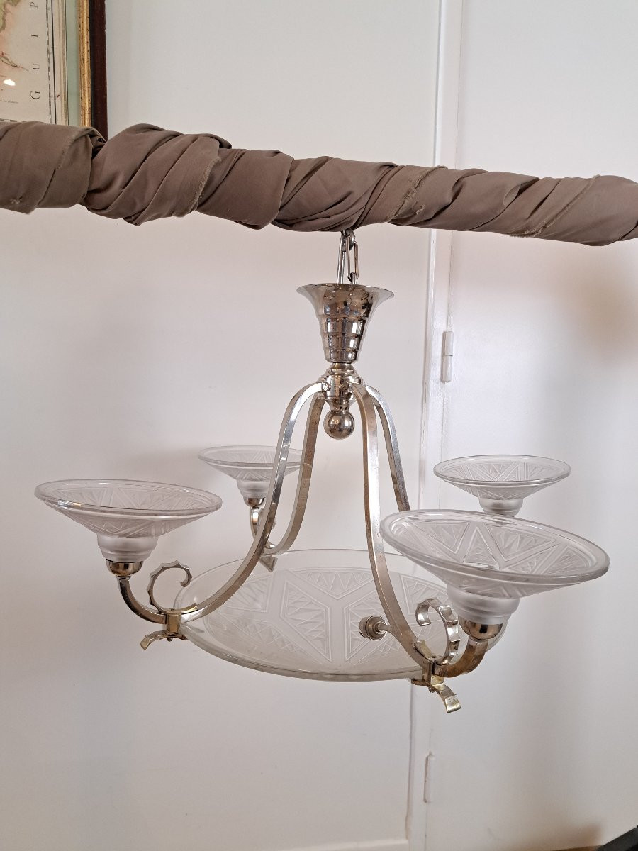 P.maynadier Chandelier, Art Deco, Glass And Silvered Metal, 20th Century. -photo-3