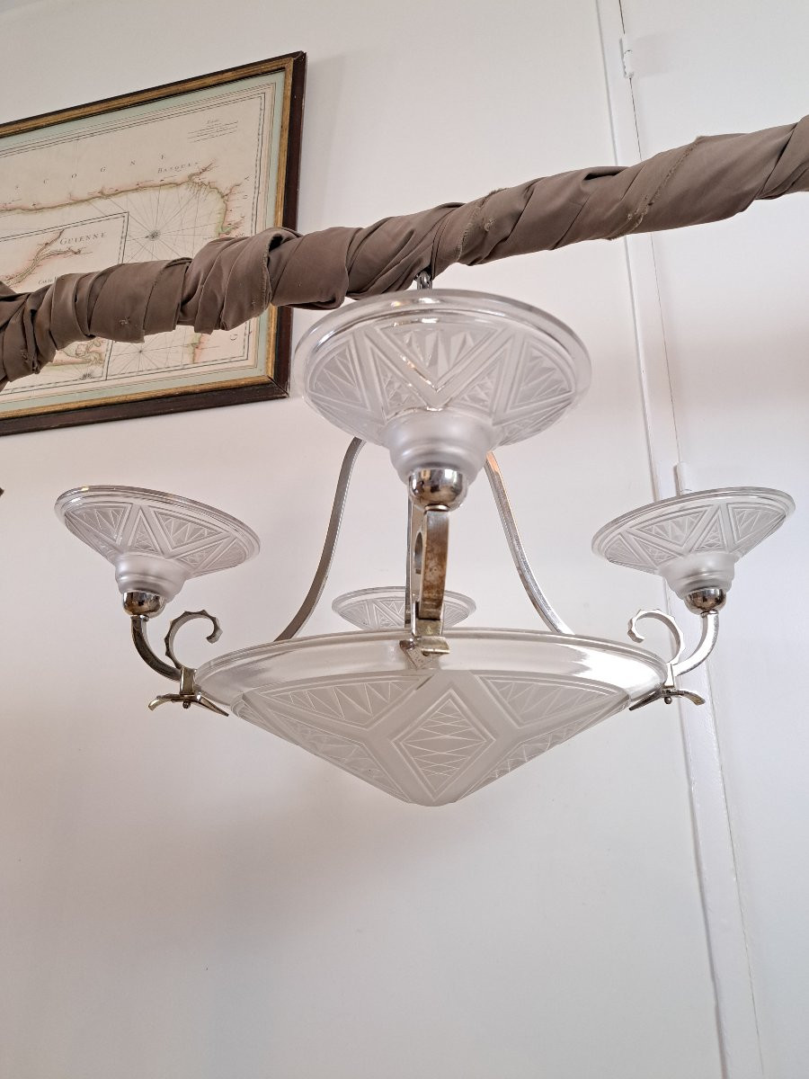 P.maynadier Chandelier, Art Deco, Glass And Silvered Metal, 20th Century. -photo-4