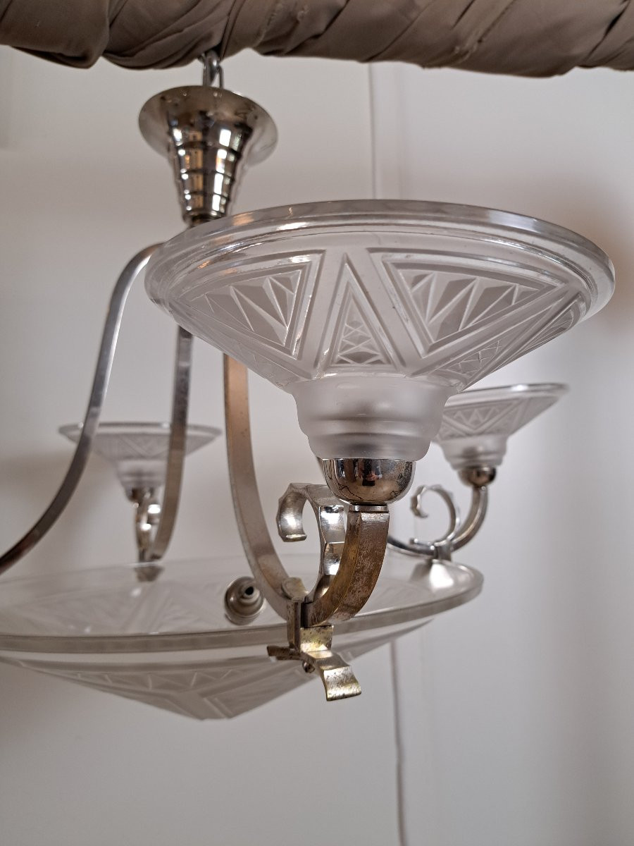 P.maynadier Chandelier, Art Deco, Glass And Silvered Metal, 20th Century. -photo-1