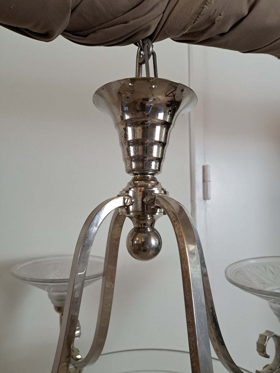 P.maynadier Chandelier, Art Deco, Glass And Silvered Metal, 20th Century. -photo-3