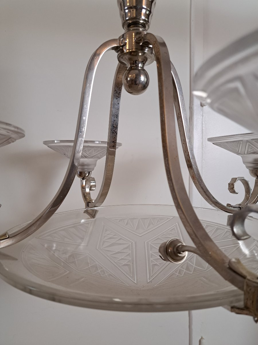 P.maynadier Chandelier, Art Deco, Glass And Silvered Metal, 20th Century. -photo-4