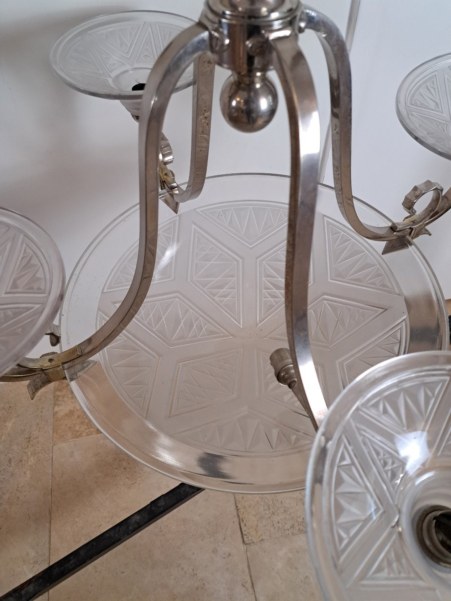 P.maynadier Chandelier, Art Deco, Glass And Silvered Metal, 20th Century. -photo-7
