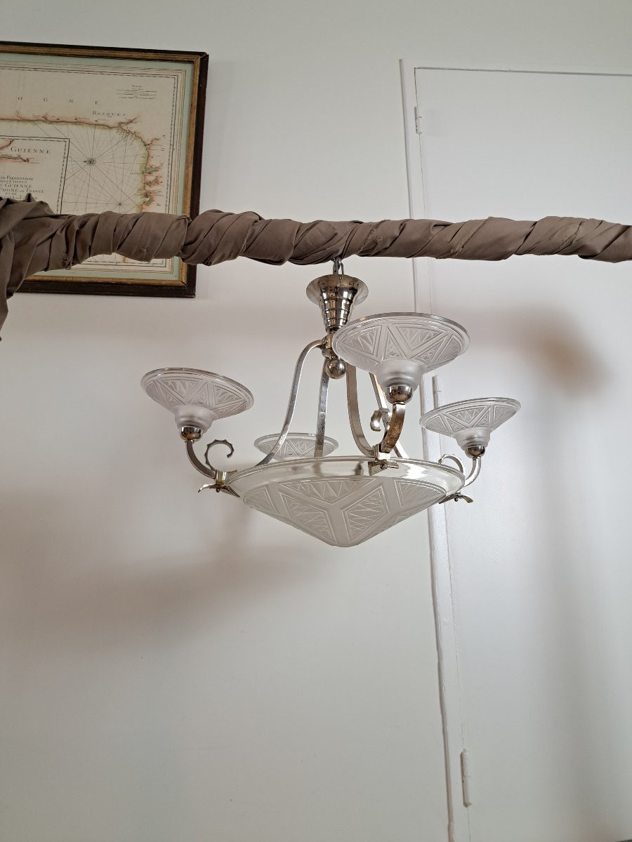 P.maynadier Chandelier, Art Deco, Glass And Silvered Metal, 20th Century. -photo-8